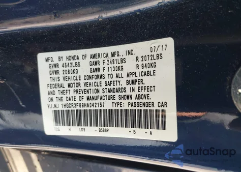 2017 Honda Accord Ex-L V6 z USA, uszkodzony, nr VIN 1HGCR3F89HA042157